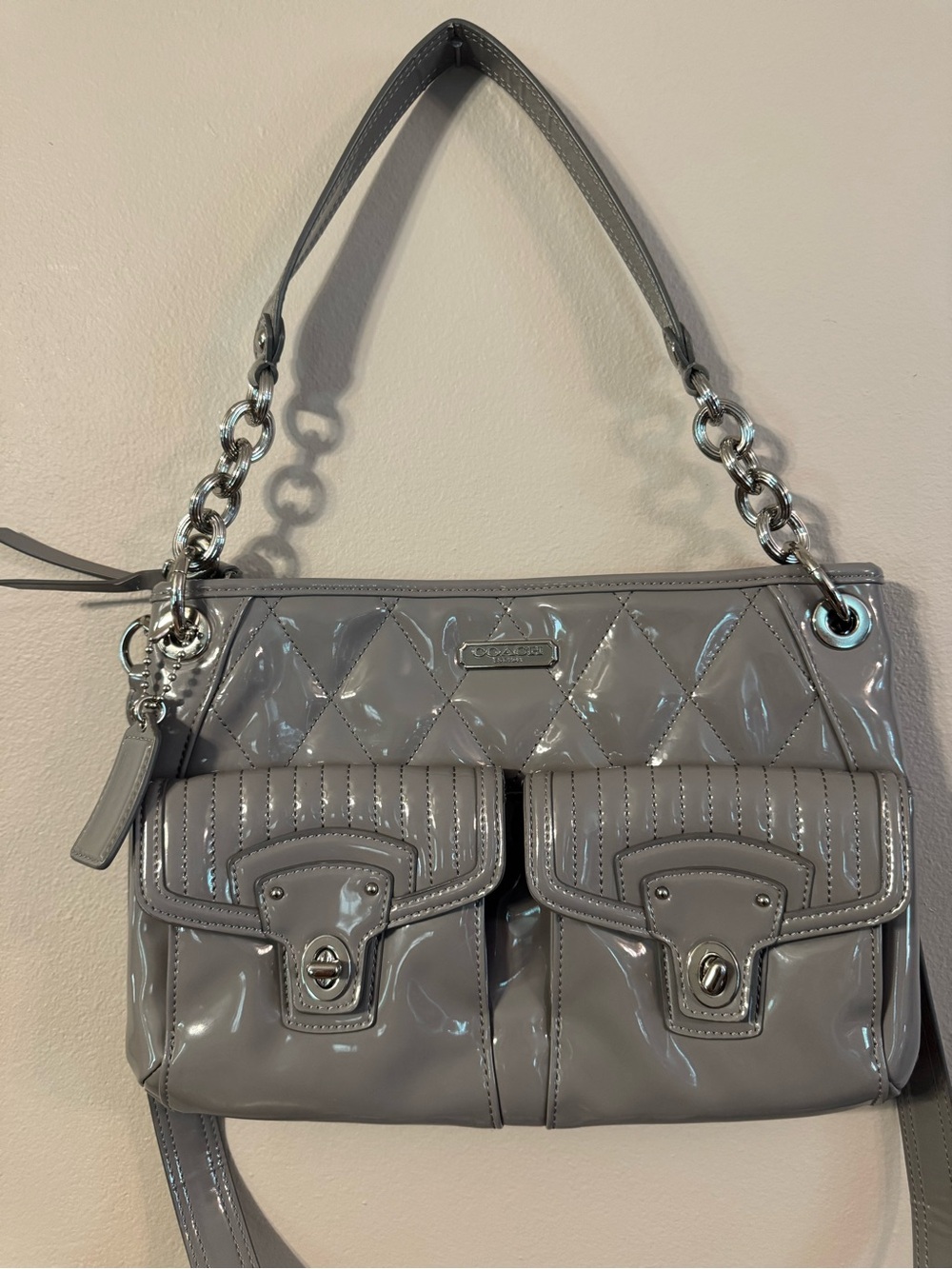 Coach Poppy Liquid Gloss Patent Leather Grey Shoulder Bag